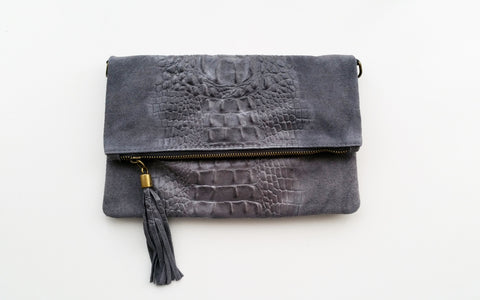 Soft  Distressed Suede Leather Croc Flap-Over Clutch Bag