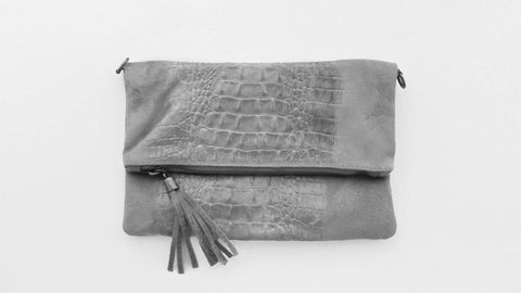 Soft  Distressed Suede Leather Croc Flap-Over Clutch Bag