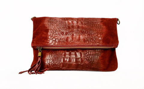Soft  Distressed Suede Leather Croc Flap-Over Clutch Bag