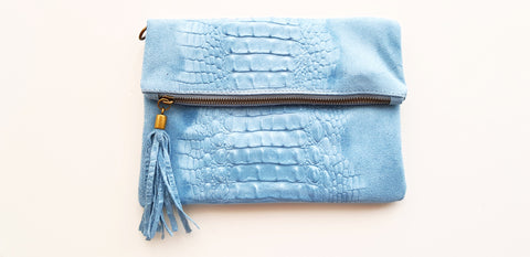 Soft  Distressed Suede Leather Croc Flap-Over Clutch Bag