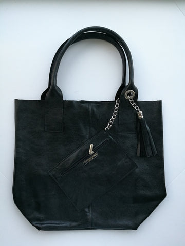 Metallic Leather Shopper with Pouch