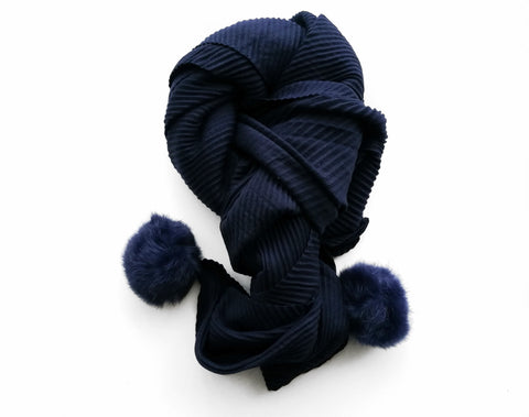 Wool Mix Ribbed scarf with Fur Pom Pom