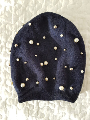 Dark Blue Cashmere & Pearl Beanie Hat