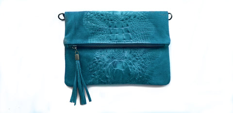 Soft  Distressed Suede Leather Croc Flap-Over Clutch Bag