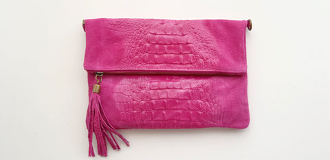 Soft  Distressed Suede Leather Croc Flap-Over Clutch Bag