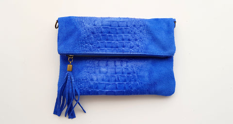 Soft  Distressed Suede Leather Croc Flap-Over Clutch Bag