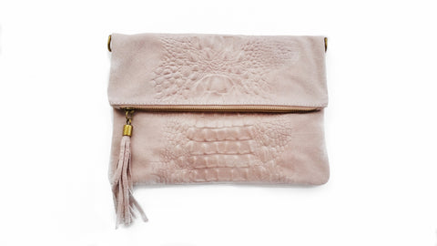 Soft  Distressed Suede Leather Croc Flap-Over Clutch Bag