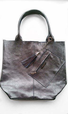 Metallic Leather Shopper with Pouch