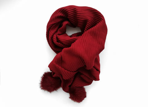 Wool Mix Ribbed scarf with Fur Pom Pom