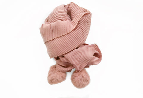Wool Mix Ribbed scarf with Fur Pom Pom