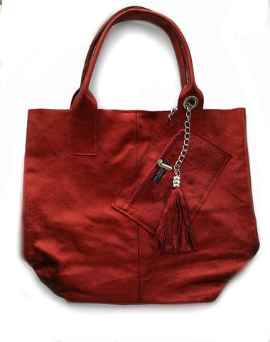 Metallic Leather Shopper with Pouch