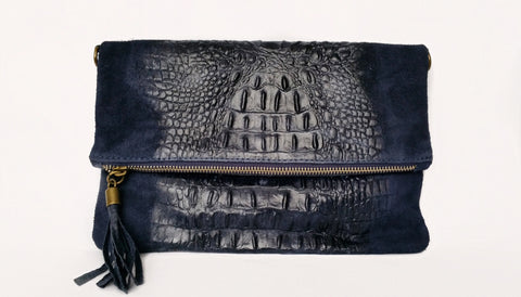 Soft  Distressed Suede Leather Croc Flap-Over Clutch Bag