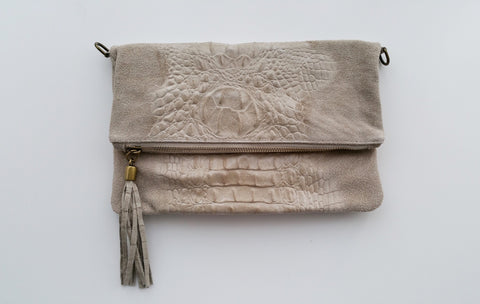 Soft  Distressed Suede Leather Croc Flap-Over Clutch Bag