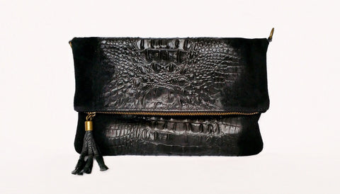 Soft  Distressed Suede Leather Croc Flap-Over Clutch Bag