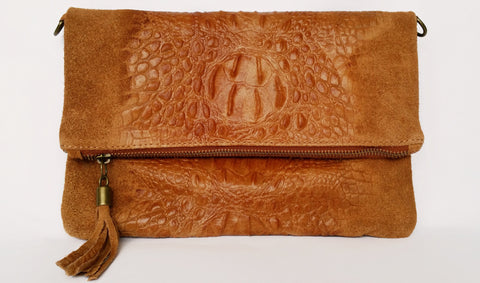 Soft  Distressed Suede Leather Croc Flap-Over Clutch Bag