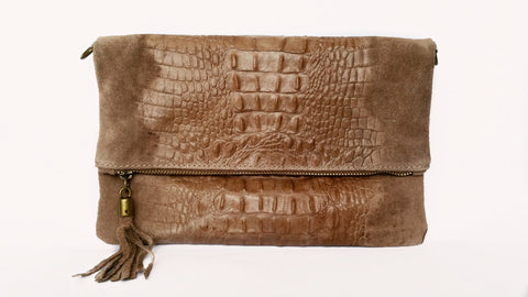 Soft  Distressed Suede Leather Croc Flap-Over Clutch Bag